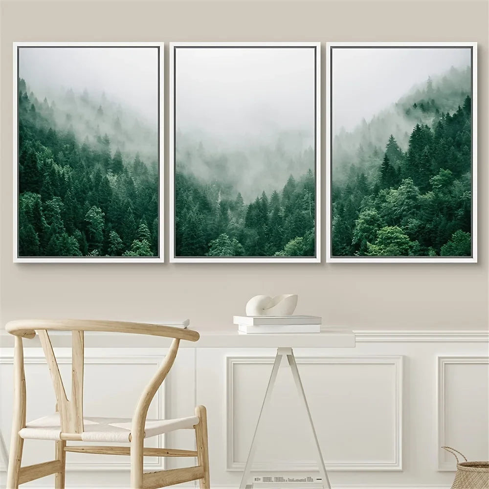 Set of 3PCS Misty Forest Landscape Wall Art Fine Art Canvas Prints Inspirational Pictures Of Calm For Living Room Wall Decor | Bowlift