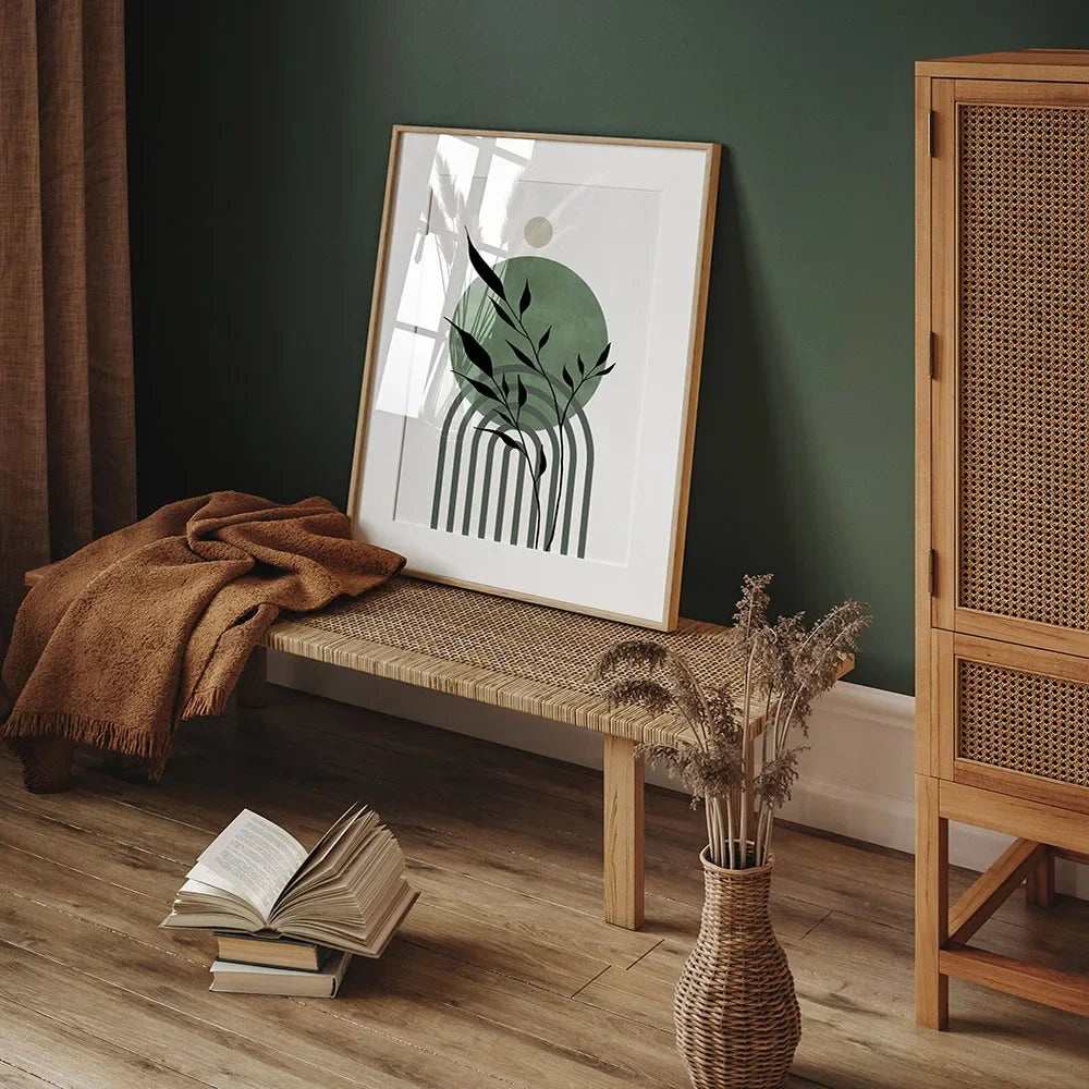 Set of 3Pcs Earth Green Minimalist Geometric Line Art Leaf Canvas Print Wall Art Pictures For Modern Living Room Decor | Bowlift
