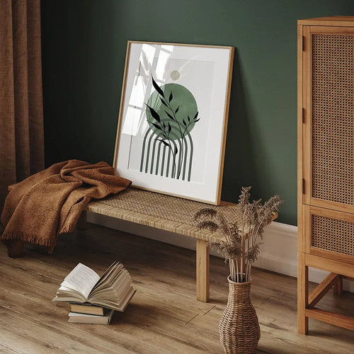 Set of 3Pcs Earth Green Minimalist Geometric Line Art Leaf Canvas Print Wall Art Pictures For Modern Living Room Decor | Bowlift
