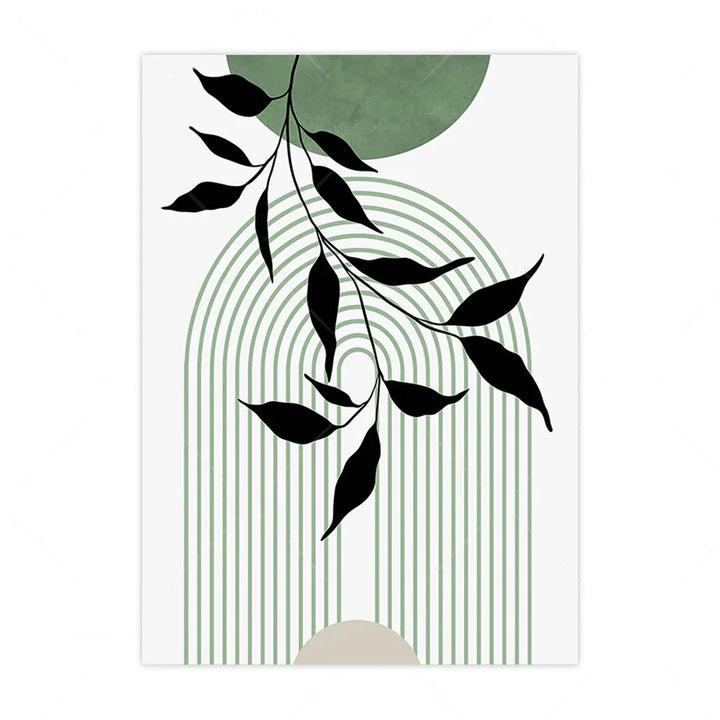 Set of 3Pcs Earth Green Minimalist Geometric Line Art Leaf Canvas Print Wall Art Pictures For Modern Living Room Decor | Bowlift