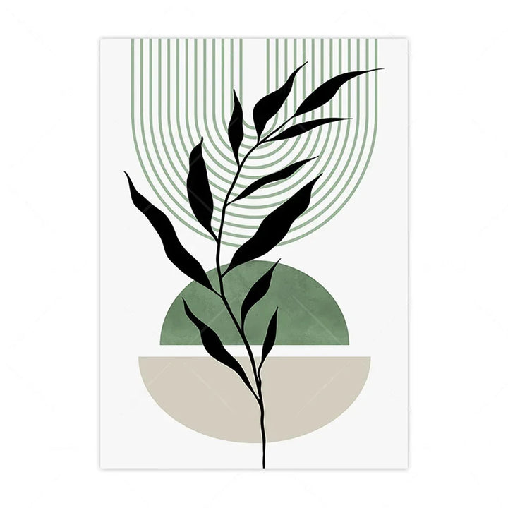 Set of 3Pcs Earth Green Minimalist Geometric Line Art Leaf Canvas Print Wall Art Pictures For Modern Living Room Decor | Bowlift