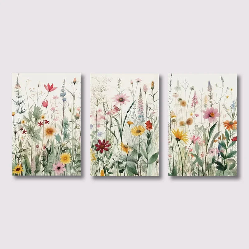 Set of 3Pcs Wild Meadow Flowers Wall Art Fine Art Canvas Prints Minimalist Botanical Prints Posters Pictures For Living Room Decor | Bowlift