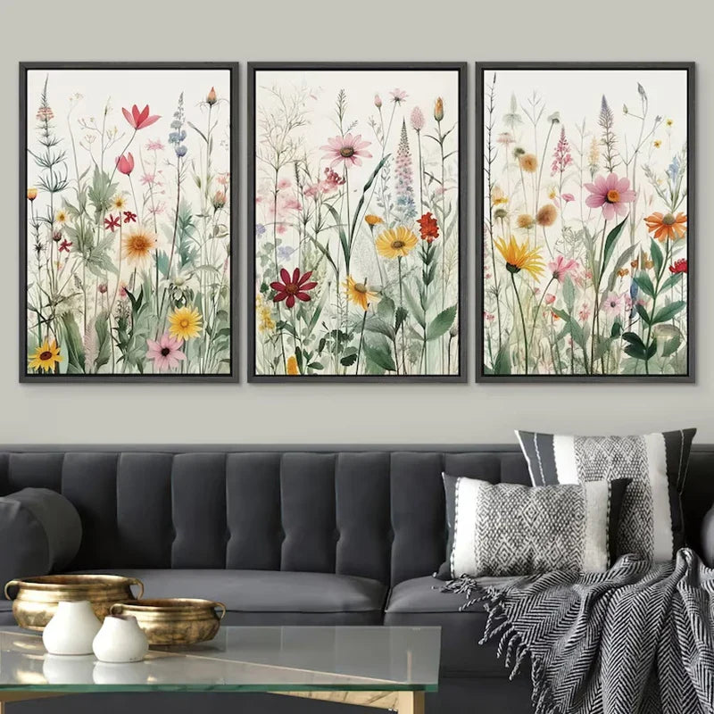 Set of 3Pcs Wild Meadow Flowers Wall Art Fine Art Canvas Prints Minimalist Botanical Prints Posters Pictures For Living Room Decor | Bowlift