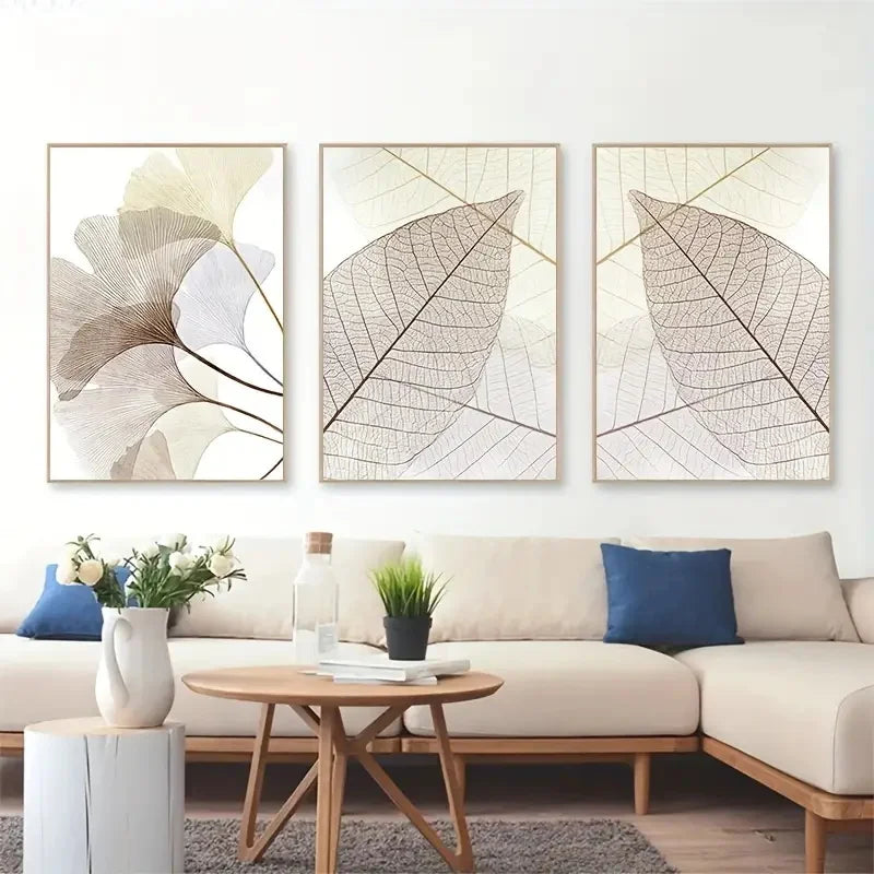 Set of 3 PCS Modern Botanical Leaf Veins Wall Art Fine Art Canvas Prints Simple Neutral Tone Pictures For Living Room Scandinavian Style Home Decor | Bowlift