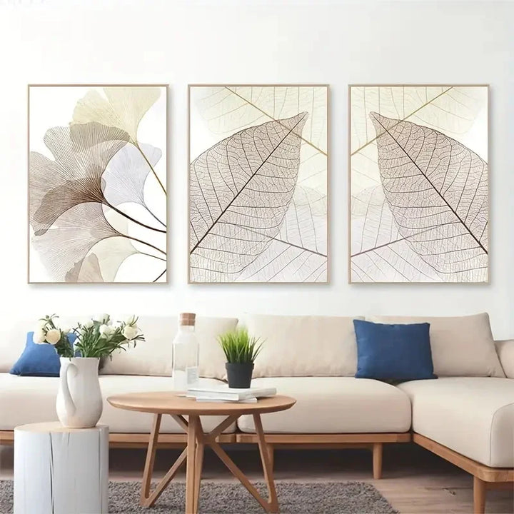 Set of 3 PCS Modern Botanical Leaf Veins Wall Art Fine Art Canvas Prints Simple Neutral Tone Pictures For Living Room Scandinavian Style Home Decor | Bowlift