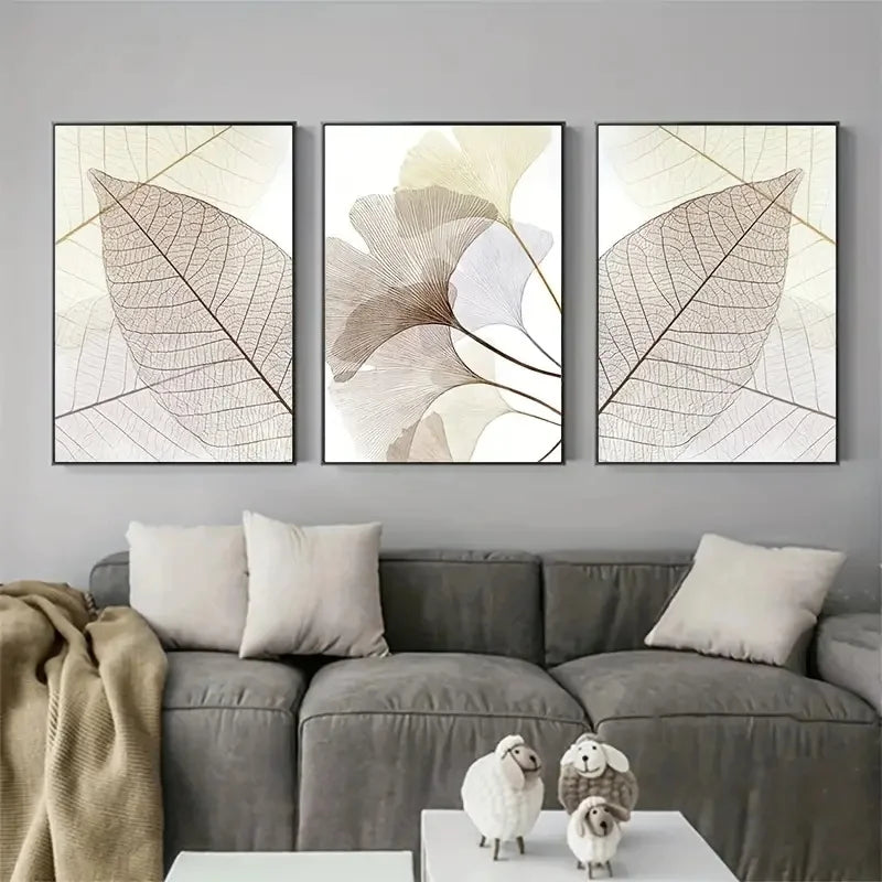 Set of 3 PCS Modern Botanical Leaf Veins Wall Art Fine Art Canvas Prints Simple Neutral Tone Pictures For Living Room Scandinavian Style Home Decor | Bowlift
