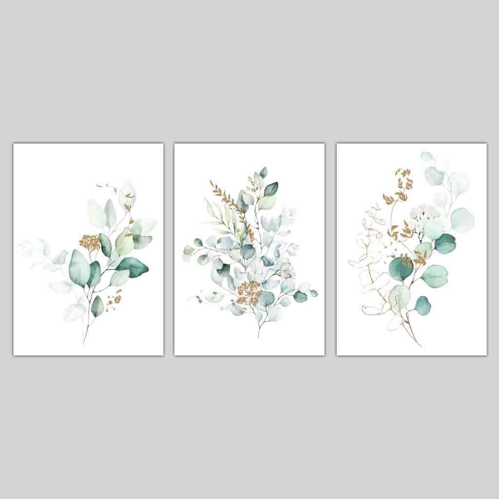 BOTANICAL Set of 3 Eucalyptus Bluish Green and Gold Prints | Bowlift