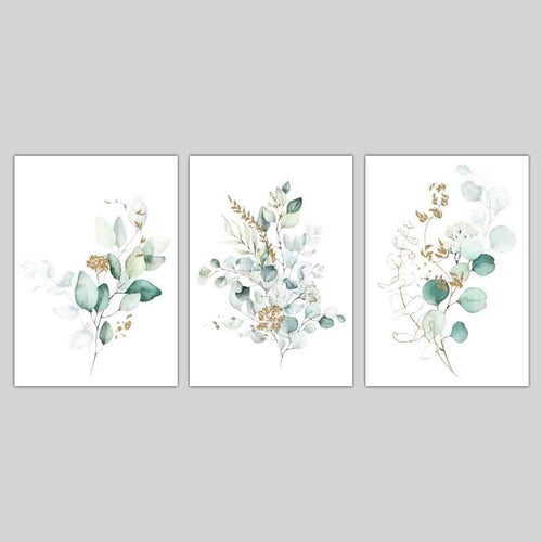 BOTANICAL Set of 3 Eucalyptus Bluish Green and Gold Prints | Bowlift