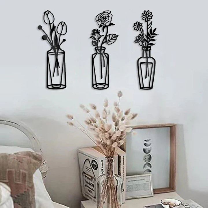 Flowers In A Vase Black Metal Wall Art 3D Sculptured Iron Art Wall Decorations For Living Room Dining Room Creative Nordic Home Decor | Bowlift