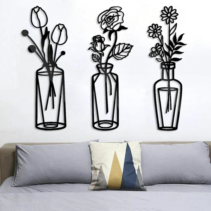 Flowers In A Vase Black Metal Wall Art 3D Sculptured Iron Art Wall Decorations For Living Room Dining Room Creative Nordic Home Decor | Bowlift