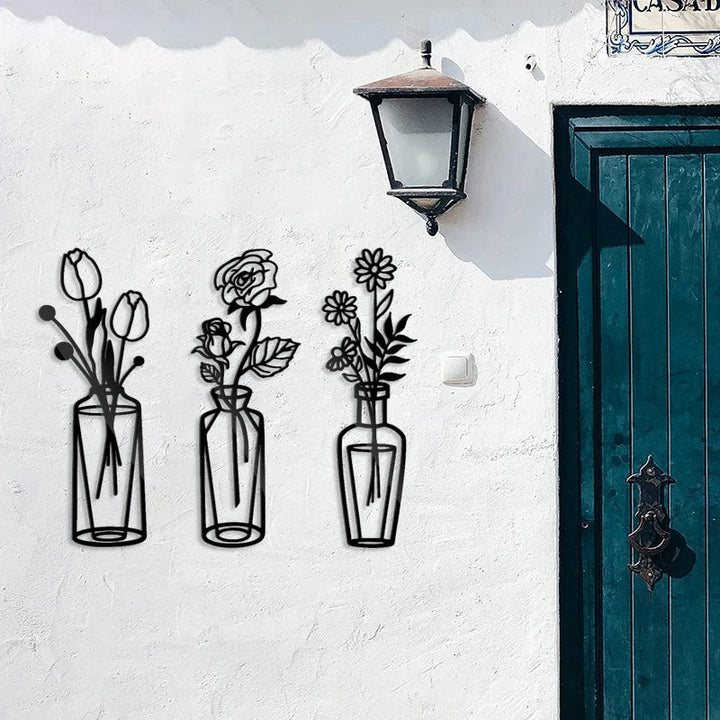 Flowers In A Vase Black Metal Wall Art 3D Sculptured Iron Art Wall Decorations For Living Room Dining Room Creative Nordic Home Decor | Bowlift