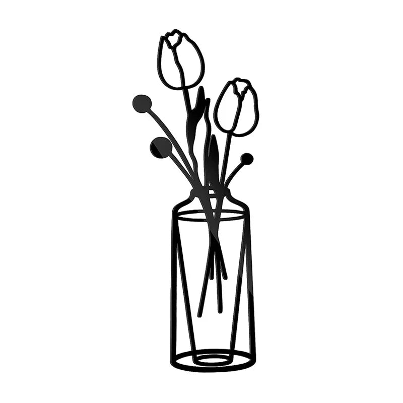 Flowers In A Vase Black Metal Wall Art 3D Sculptured Iron Art Wall Decorations For Living Room Dining Room Creative Nordic Home Decor | Bowlift