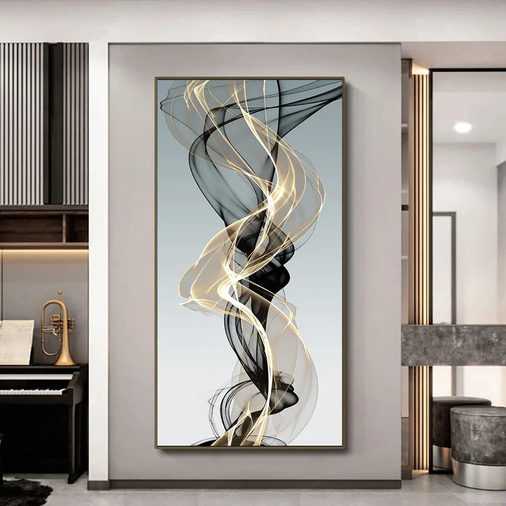 Flowing Abstract Golden Gray Wall Art Fine Art Canvas Prints Pictures For Modern Apartment Living Room Foyer Home Office Art Decor | Bowlift