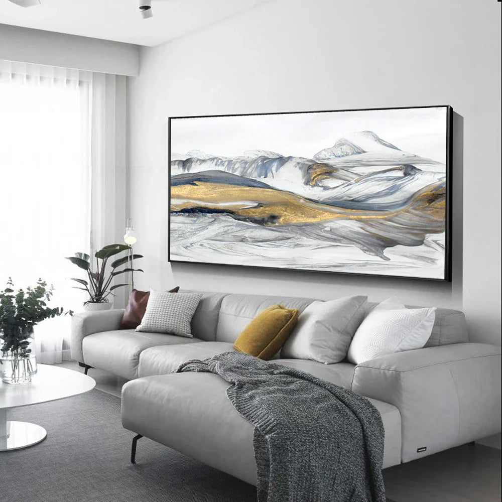 Flowing Abstract Golden Snow Mountain Landscape Wall Art Fine Art Canvas Prints Picture For Modern Living Room Art For Above The Sofa | Bowlift