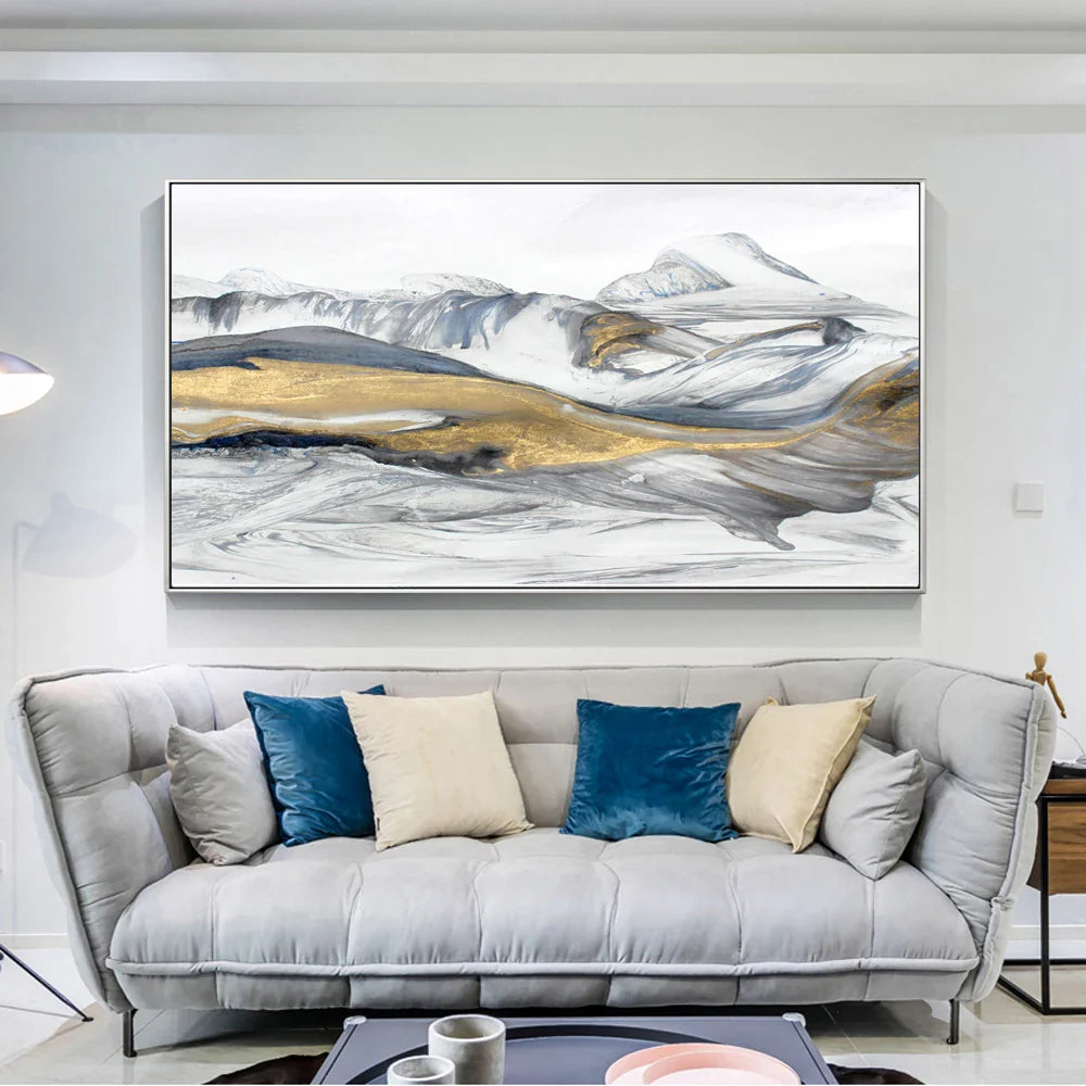 Flowing Abstract Golden Snow Mountain Landscape Wall Art Fine Art Canvas Prints Picture For Modern Living Room Art For Above The Sofa | Bowlift