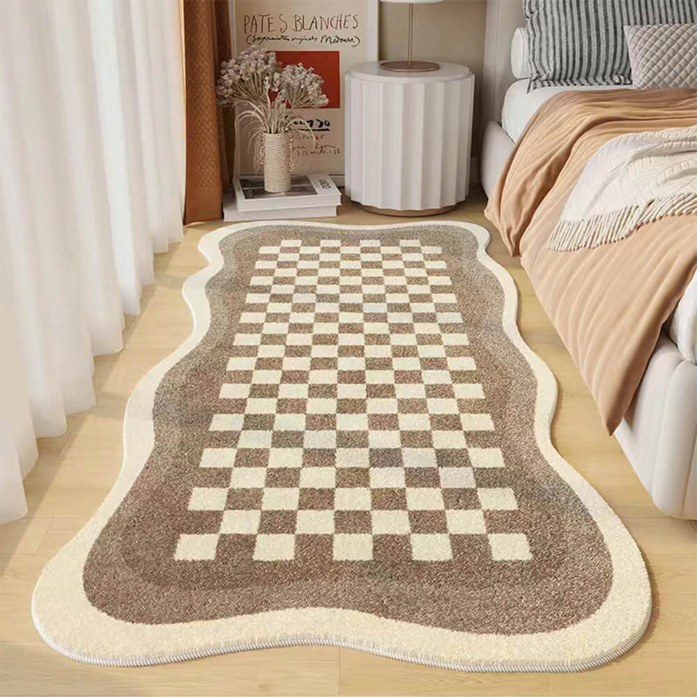 BowLift | Faux Cashmere Checkered Cozy Nightstand Rug Irregular Shape Rug