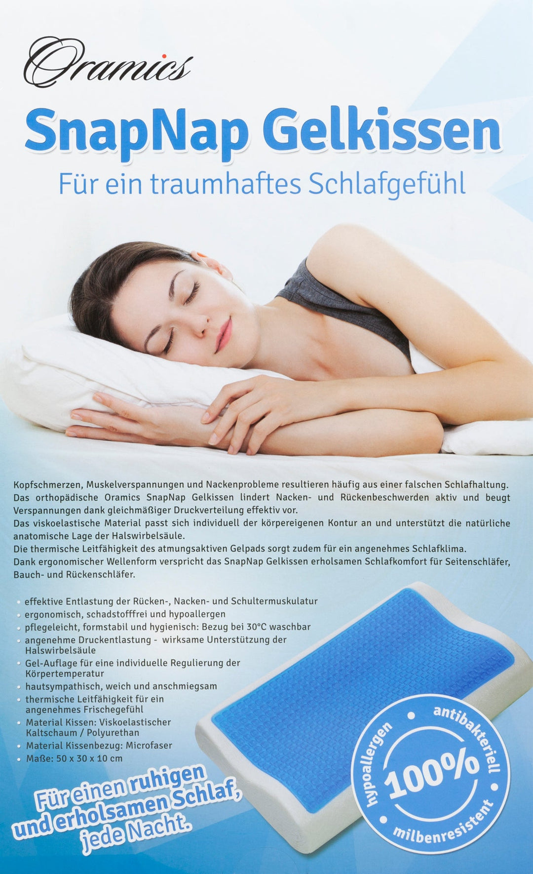 SNAPNAP Gel foam pillow with head recess + cooling gel pads, 50 x 30 cm, height 10 cm, ergonomic and hypoallergenic | Bowlift
