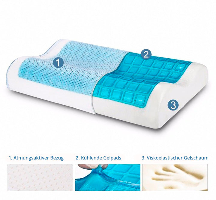 SNAPNAP Gel foam pillow with head recess + cooling gel pads, 50 x 30 cm, height 10 cm, ergonomic and hypoallergenic | Bowlift
