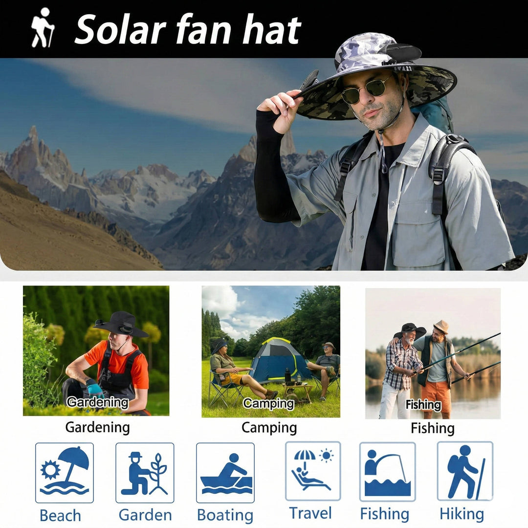 Outdoor Wide Brim Sun Hat with 2 Solar Fans, UV Protection for Men & Women, Cooling Hat for Camping & Hiking | Bowlift