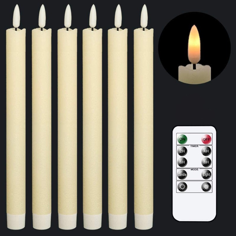 BowLift | Flame-free flickering taper candles with 2 remote controls and timer, real wax 3D wick light window candles battery-operated, Christmas home wedding decor