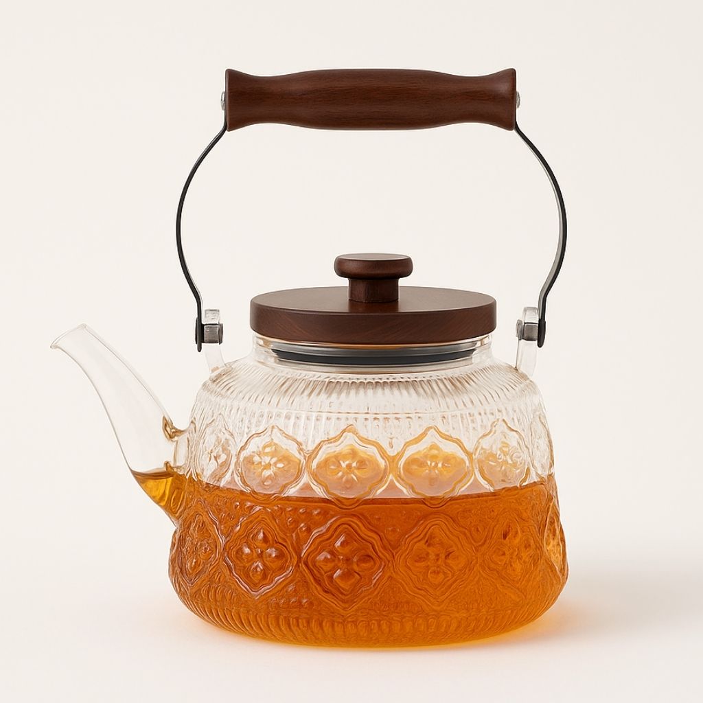 BowLift | Zoie Glass Teapot with Infuser – Heat-Resistant 1000ml Borosilicate Kettle with Wooden Handle