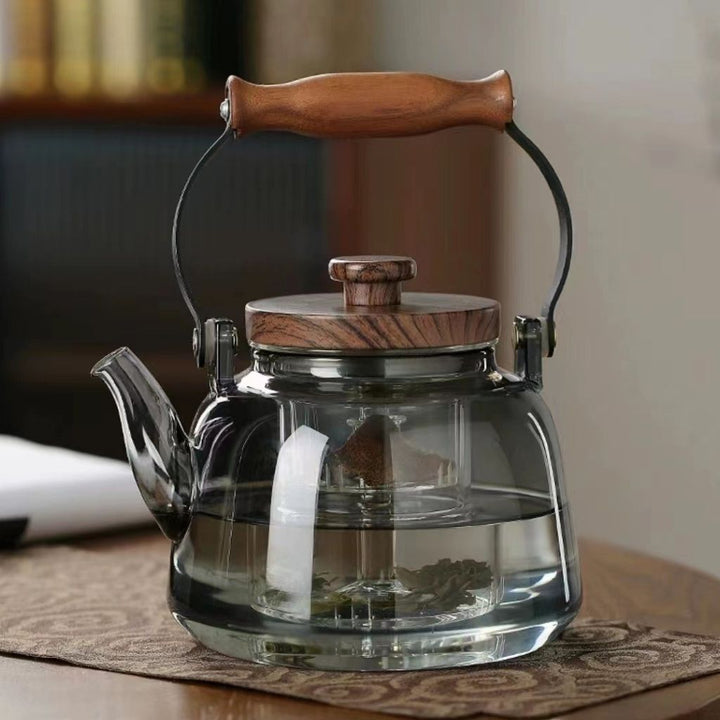 BowLift | Zoie Glass Teapot with Infuser – Heat-Resistant 1000ml Borosilicate Kettle with Wooden Handle