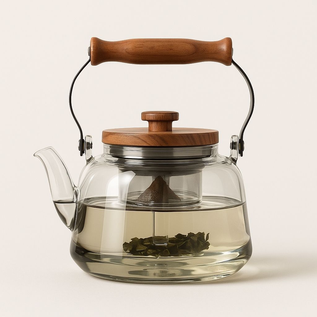 BowLift | Zoie Glass Teapot with Infuser – Heat-Resistant 1000ml Borosilicate Kettle with Wooden Handle
