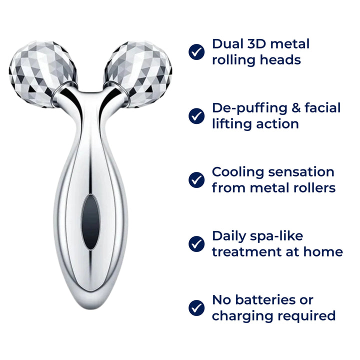 GlowRoller | Face Roller Massager – Depuffing & Lift – Metal Rolling Heads – Daily Spa Facial Bowlift