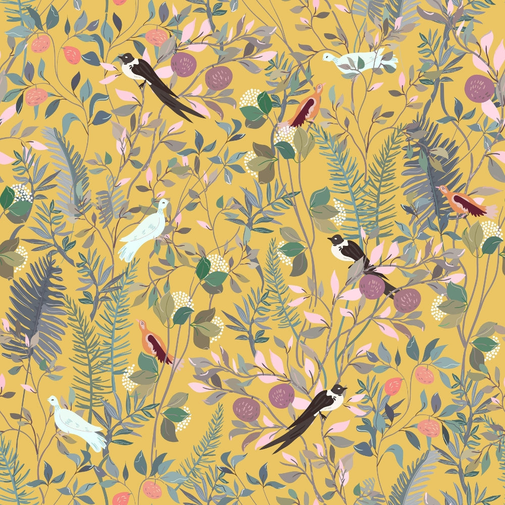 BowLift | Golden Canopy Bird and Leaf Peelable Wallpaper