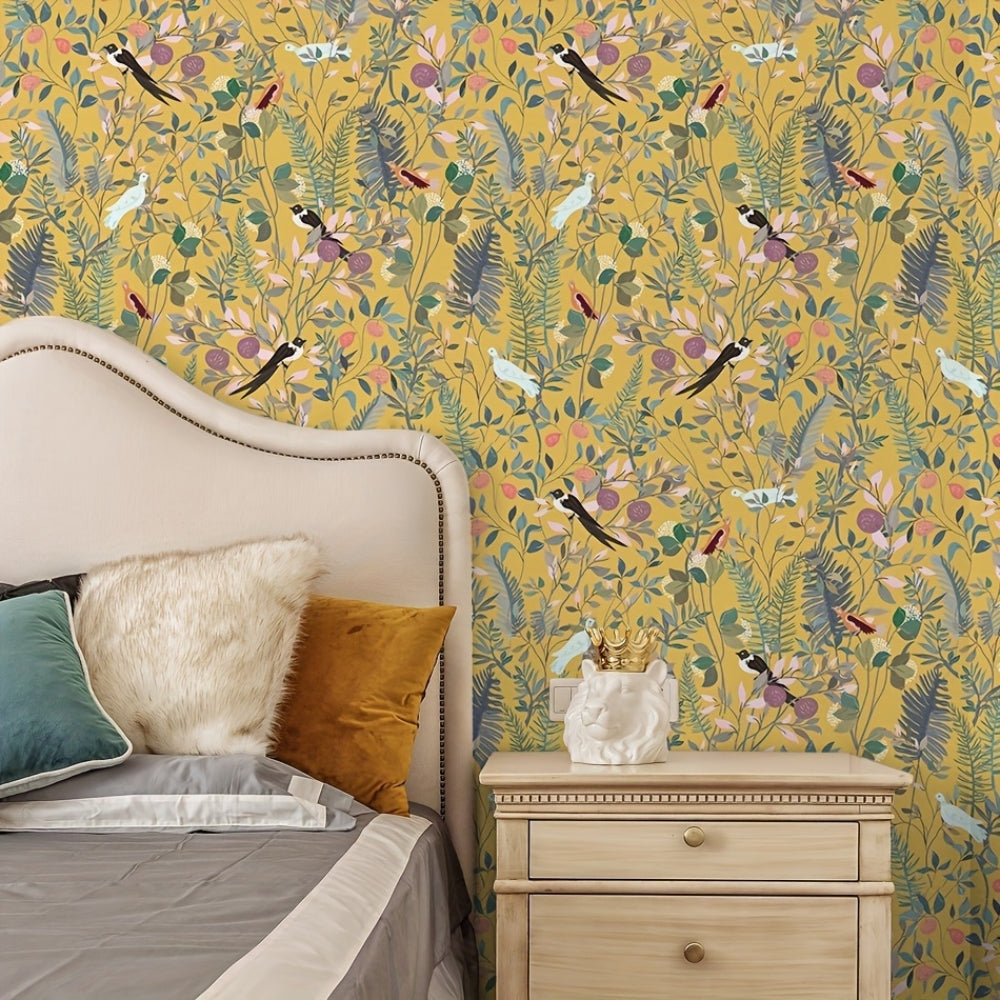 BowLift | Golden Canopy Bird and Leaf Peelable Wallpaper