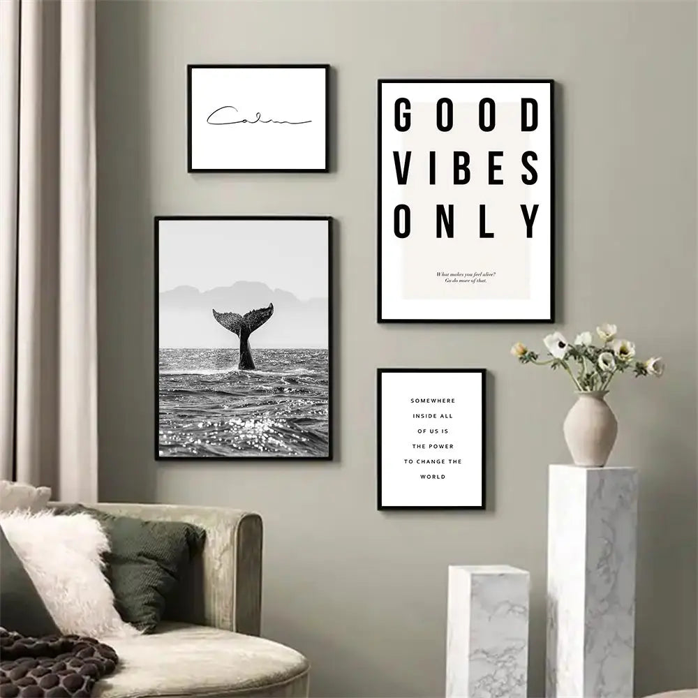 Good Vibes Only Black White Whale Poster Nordic Pictures Of Calm Wall Art Fine Art Canvas Prints Gallery Wall Art Prints For Modern Living | Bowlift