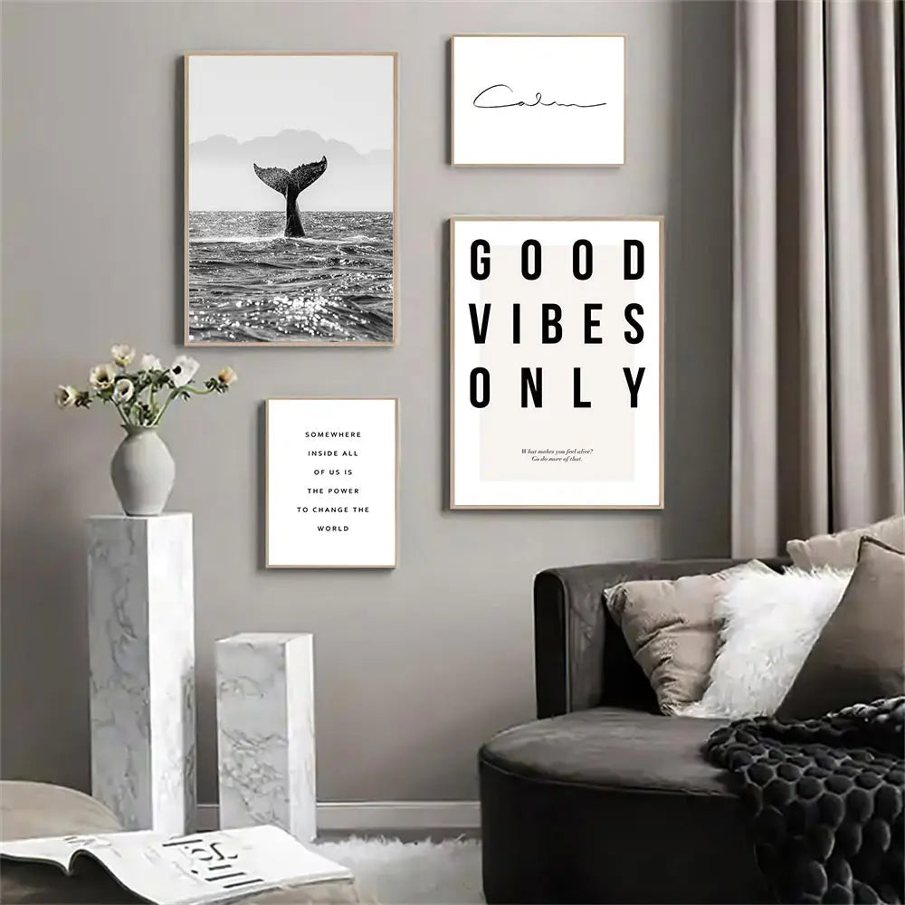 Good Vibes Only Black White Whale Poster Nordic Pictures Of Calm Wall Art Fine Art Canvas Prints Gallery Wall Art Prints For Modern Living | Bowlift