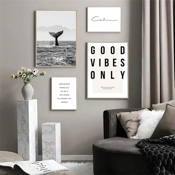Good Vibes Only Black White Whale Poster Nordic Pictures Of Calm Wall Art Fine Art Canvas Prints Gallery Wall Art Prints For Modern Living | Bowlift