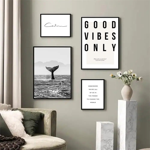Good Vibes Only Black White Whale Poster Nordic Pictures Of Calm Wall Art Fine Art Canvas Prints Gallery Wall Art Prints For Modern Living | Bowlift