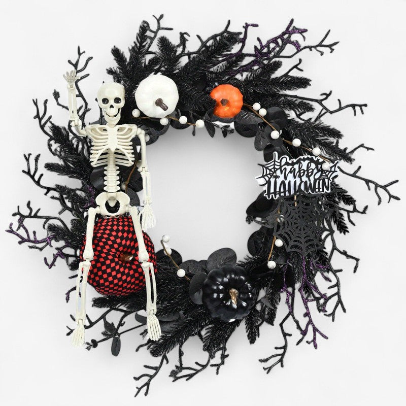 BowLift | Halloween Door Wreath with Skeleton and Pumpkin – Atmospheric Seasonal Decoration
