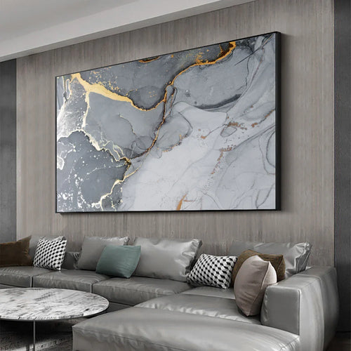 Golden Veined Grey Marble Slab Wall Art Fine Art Canvas Print Poster Abstract Picture For Above The Sofa Modern Living Room Decor | Bowlift