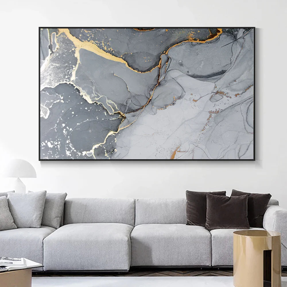 Golden Veined Grey Marble Slab Wall Art Fine Art Canvas Print Poster Abstract Picture For Above The Sofa Modern Living Room Decor | Bowlift
