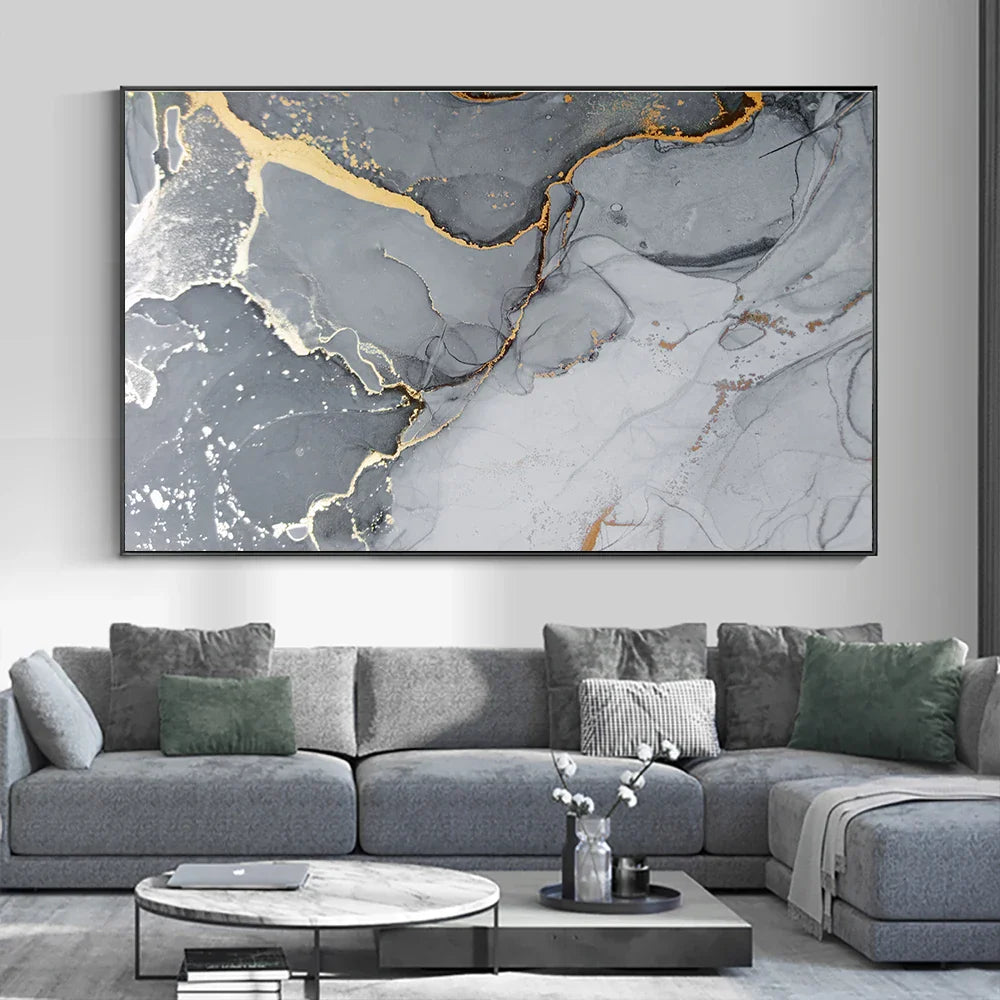 Golden Veined Grey Marble Slab Wall Art Fine Art Canvas Print Poster Abstract Picture For Above The Sofa Modern Living Room Decor | Bowlift