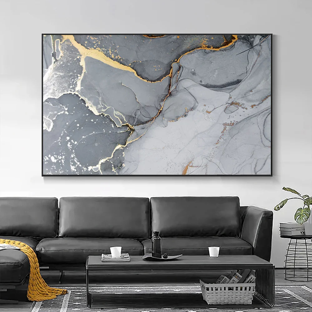 Golden Veined Grey Marble Slab Wall Art Fine Art Canvas Print Poster Abstract Picture For Above The Sofa Modern Living Room Decor | Bowlift