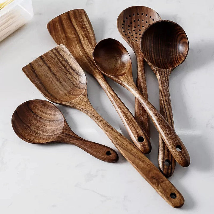BowLift | NordTeak 7-piece kitchen helper set – premium teak wood tools for stylish and versatile cooking
