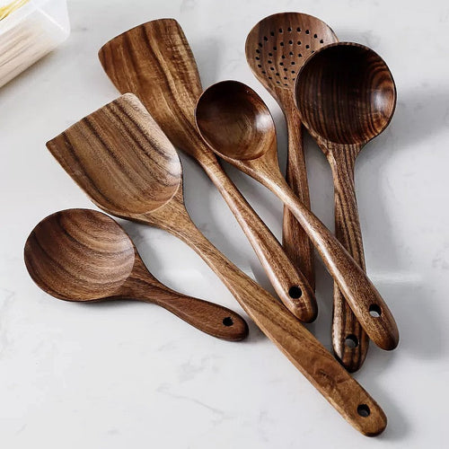 BowLift | NordTeak 7-piece kitchen helper set – premium teak wood tools for stylish and versatile cooking