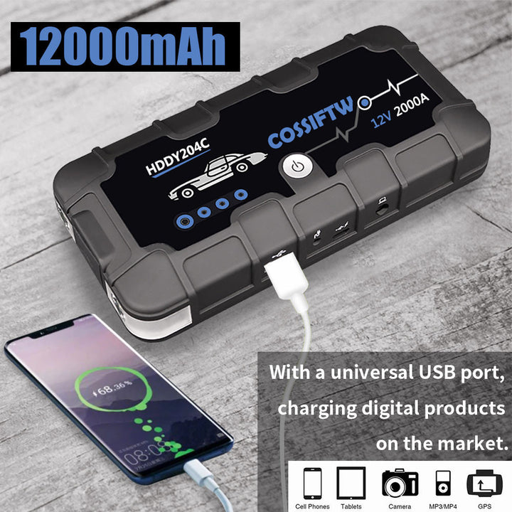 BowLift | 2000A UltraSafe 12V Car Jump Starter – Portable Battery Booster Pack with USB Charger & LED Flashlight – Up to 6.0L Petrol / 3.0L Diesel Engines