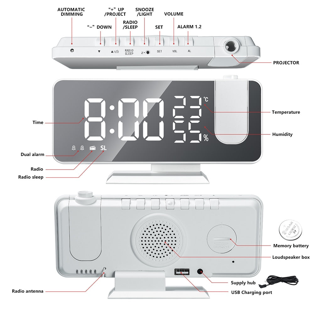 Astronatic™ Alarm Clock - LED Screen with 180° Projector Bowlift