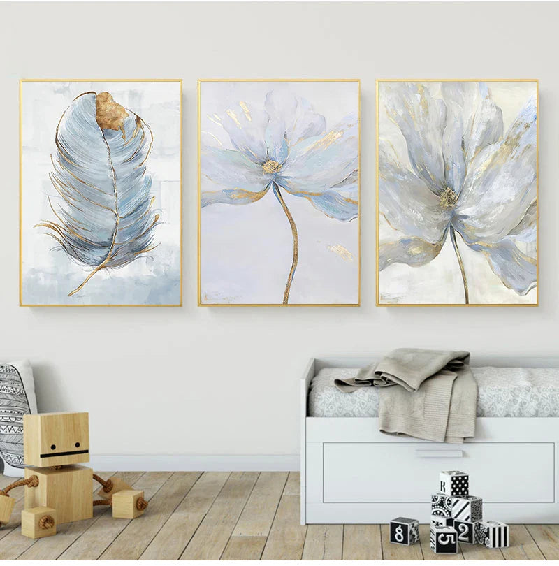 Simple Blue Floral Wall Art Fine Art Canvas Prints Modern Abstract Botanical Pictures For Living Room Bedroom Contemporary Home Decor | Bowlift