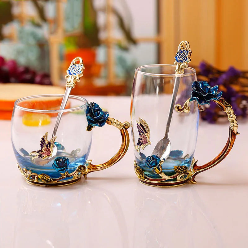 BowLift | Handcrafted Enamel Coffee Mugs Rose-Glass Tea Cup with Steel Spoon Luxury Unique Gifts for Wedding Valentine's Day Birthday Gifts