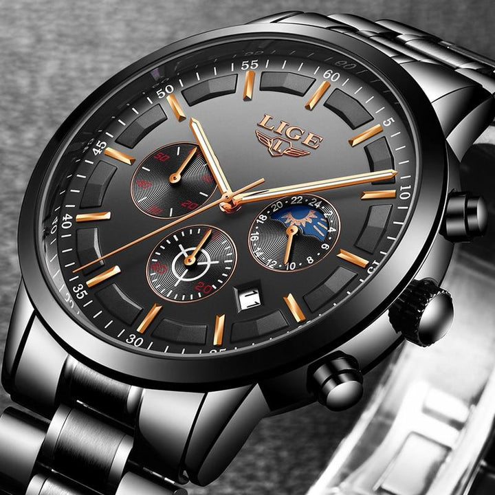 BowLift | Military Black Steel Watch – Men's Stainless Steel Wristwatch with Day, Date & Night Display