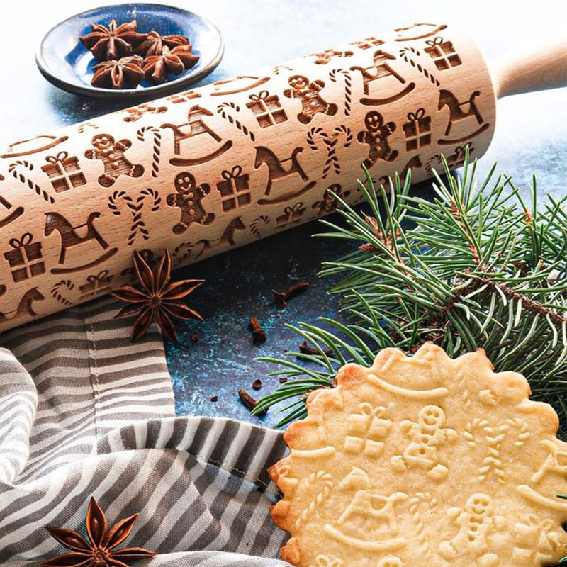BowLift | Embossed Wooden Rolling Pin | Holiday Cookie Engraver | Handcrafted Beech Wood | JollyRoller