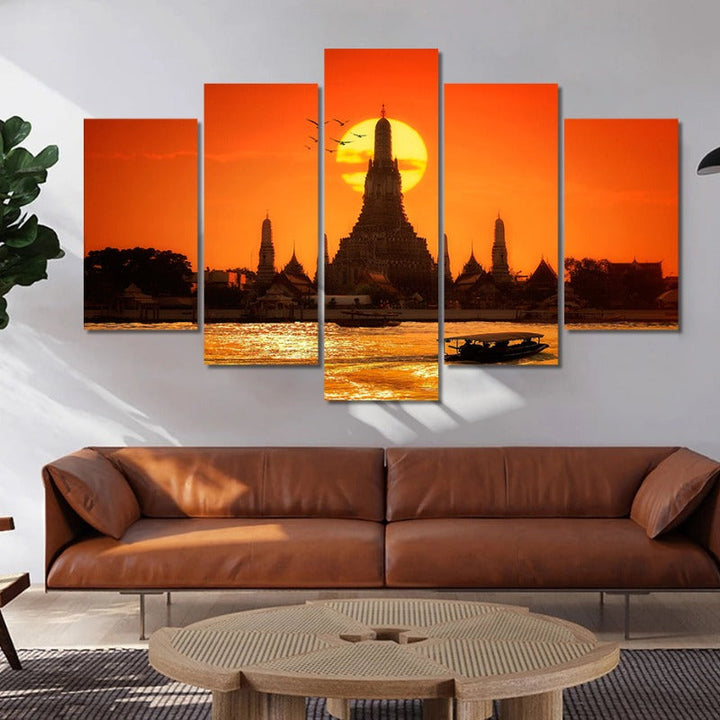5 Piece Abstract Sunset Temple Bangkok Thailand  - Canvas Wall Art Painting | Bowlift