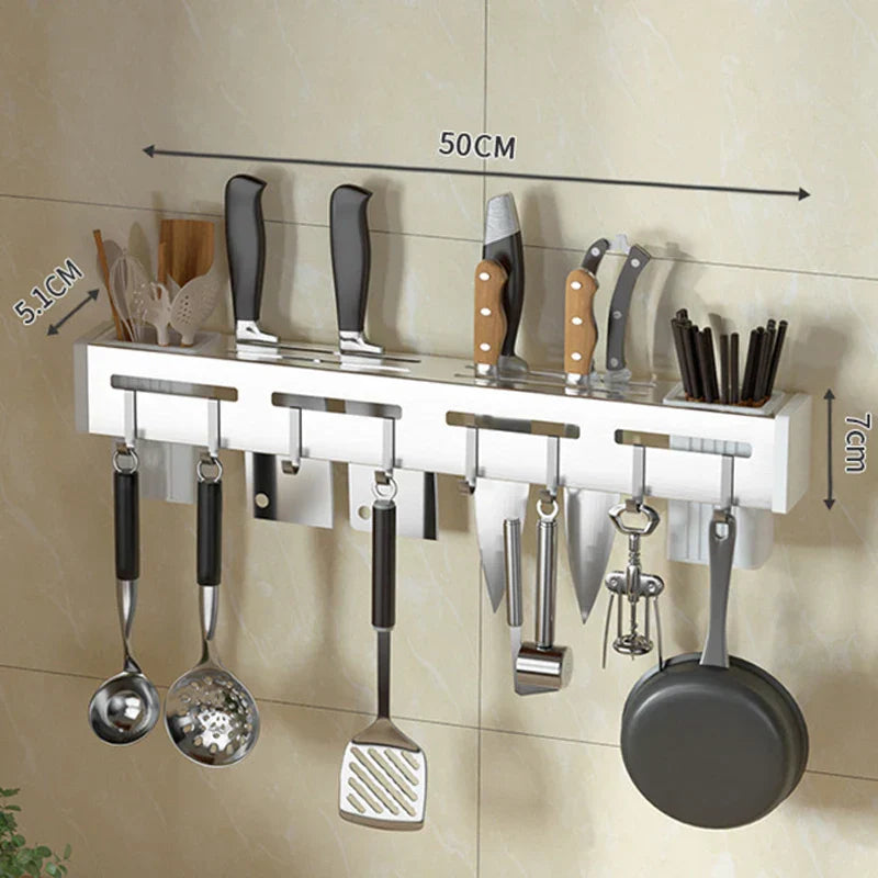 BowLift | Organize Your Kitchen: Stainless Steel Wall-Mounted Knife Holder Shelf - Nail-Free Storage Shelf with Hooks for Cutlery - Cabinet Organizer for a Tidy Kitchen