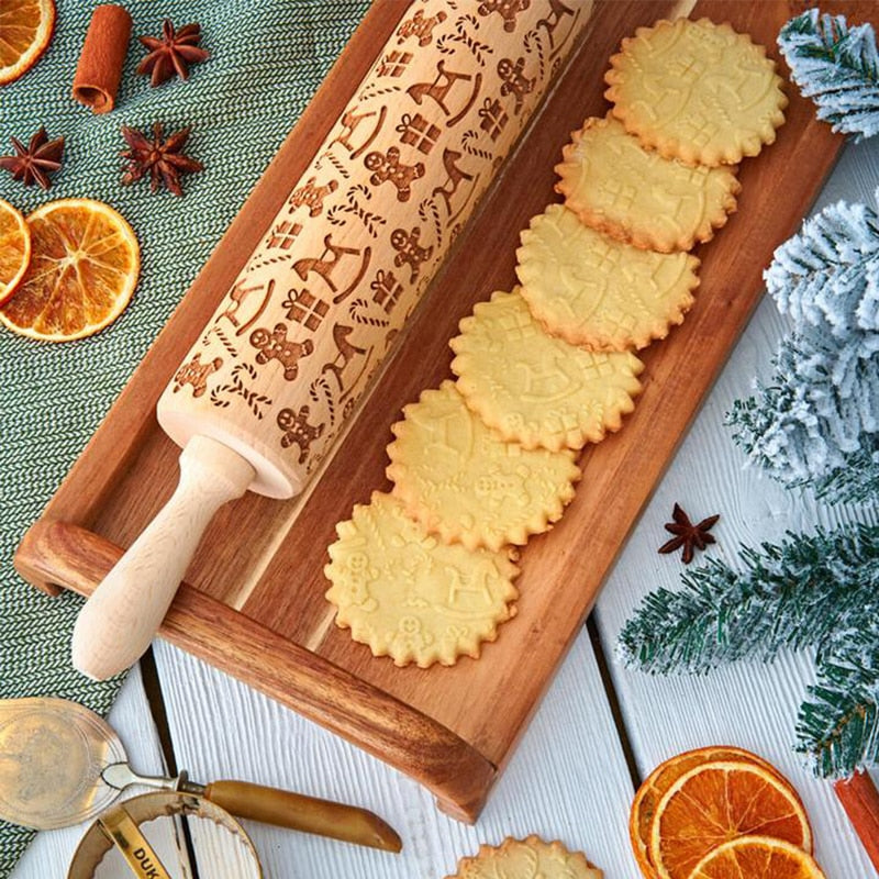 BowLift | Embossed Rolling Pin Christmas Roller | Handmade from Beech Wood | Christmas Designs & Cookie Cutters